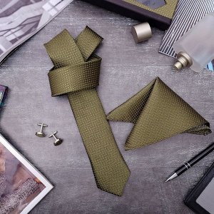 Набор мужской "Элит" галстук 145*5см самовяз, платок, запонки, клетка мелкая, цвет оливковый