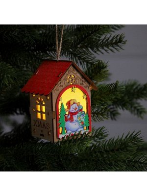 Ёлочная игрушка «Домик со снеговиком», 11x8.5x7.5 см, 1 LED, от батареек, свечение тёплое белое