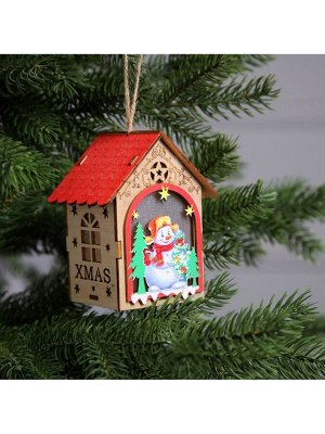 Ёлочная игрушка «Домик со снеговиком», 11x8.5x7.5 см, 1 LED, от батареек, свечение тёплое белое