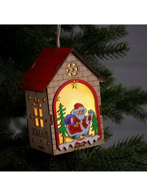 Ёлочная игрушка «Домик с Дедом Морозом», 14.5x11x8.5 см, 1 LED, от батареек, свечение тёплое белое
