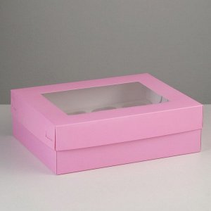 Коробка на 12 капкейков с окном, розовая, 32,5 х 25,5 х 10 см