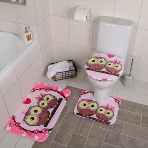 Набор ковриков для ванной и туалета Доляна «Совушки на ветке», 3 шт: 38x45, 40x43, 43x73 см, цвет розовый
