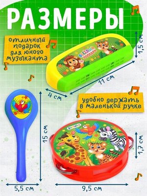Набор музыкальных инструментов «Весёлый зоопарк»: бубен, 2 маракаса, губная гармошка, МИКС