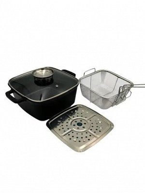 Кастрюля-фритюр 24см из литого алюминия с антипригарным покрытием Black Marble и стеклянной крышкой