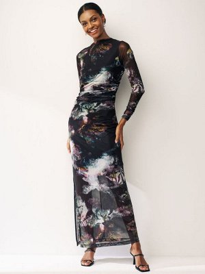 Платье миди с длинными рукавами и сборками из сетки Blurred Floral