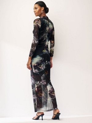 Платье миди с длинными рукавами и сборками из сетки Blurred Floral