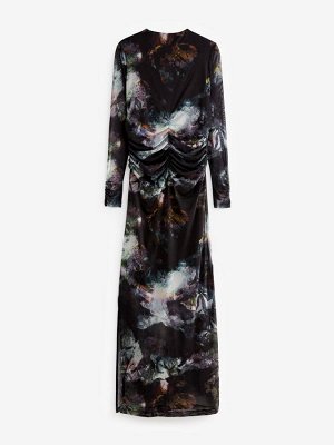 Платье миди с длинными рукавами и сборками из сетки Blurred Floral