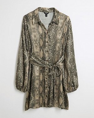 Коричневое атласное мини-платье-рубашка со змеиным завязкой спереди