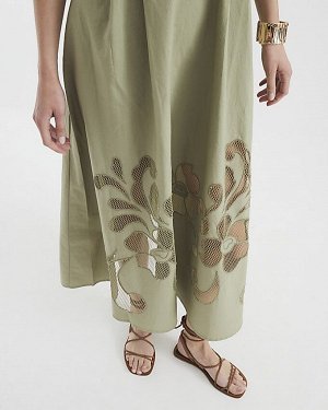 Платье миди цвета хаки с короткими рукавами и ажурной отделкой