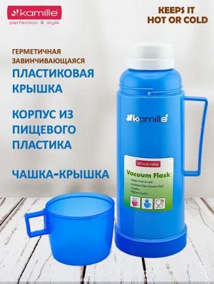 Термос 450мл пластиковый со стеклянной колбой (1 чашка; синий, зеленый, серый)