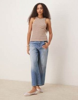 Топ Полосатый топ-борцовка ASOS DESIGN розового и кремового цветов (ASOS DESIGN – Gestreiftes Tr?gertop in Rosa und Cremewei? mit Ringerr?cken) Топы от ASOS DESIGN * Дизайн в полоску * Круглый вырез *