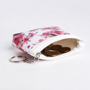 Кошелёк-монетница на молнии 10x3.5x9 см, с цветочным принтом, белый/розовый