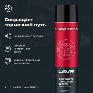 Очиститель тормозных дисков Lavr Brake Disc Cleaner, удаляет сажевые, масляные и дорожные загрязнения, аэрозоль 1л, арт. Ln2456