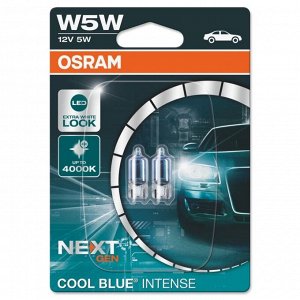 Лампа Osram Cool Blue Intense (Next Gen) W5W (W2.1x9.5d, T10), 12В, 5Вт, 3700К, комплект 2 шт, арт. 2825CBN-02B
