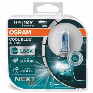 Лампа галогенная Osram Cool Blue Intense (Next Gen) H4 (P43t, T16), 12В, 60/55Вт, 5000К, комплект 2 шт, арт. 64193CBNHCB
