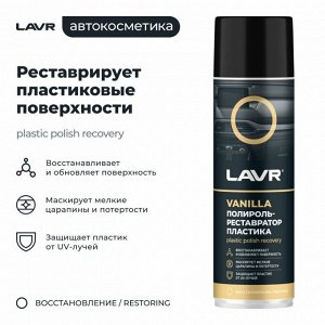 Полироль-реставратор салона Lavr Plastic Polish Recovery, для пластика, винила и резины, с защитой от УФ-лучей, аромат ванили, аэрозоль 650мл, арт. Ln2443