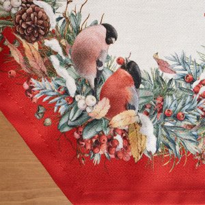 Дорожка для стола «Морозко и снегири» 45×215 см, красный, 100% хлопок, твил, 1 шт.