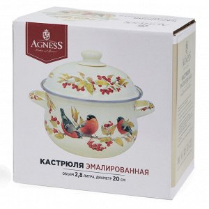 Эмалированная кастрюля AGNESS «Снегири» с крышкой, 2.8 л, 20×12 см, 1 шт.