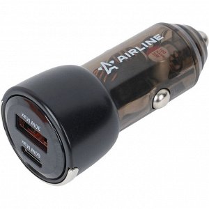 Зарядное устройство в прикуриватель Airline, 12/24В, 1xUSB (5В/3А, 9В/3А, 12В/2.5А), 1xUSB Type-C (5В/3А, 9В/3А, 12В/3А), 90Вт, с функциями Power Delivery и Quick Charge 3.0, арт. AEAK001