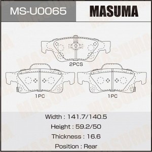 Колодки тормозные дисковые Masuma, задние, комплект на ось (4 шт), арт. MS-U0065