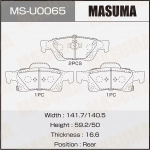 Колодки тормозные дисковые Masuma, задние, комплект на ось (4 шт), арт. MS-U0065