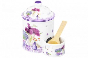 "Лавандовая Банка для Соли с Деревянной Ложкой, 350 мл - NEW BONE CHINA"