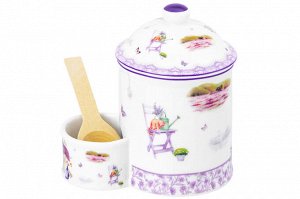 "Лавандовая Банка для Соли с Деревянной Ложкой, 350 мл - NEW BONE CHINA"
