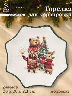 Тарелка сервировочная новогодняя Доляна «Сказки зимнего леса», 20x20x2.3 см, доломит, белая