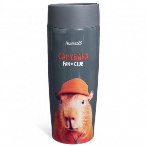 Термокружка AGNESS Capybara 360 мл — вакуумная нерж. сталь 18/10, медная изоляция, крышка с кнопкой