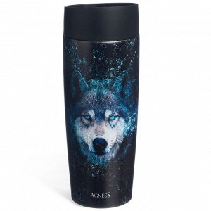 Термокружка AGNESS «Волк» 360 мл — нержавеющая сталь 18/10, вакуумная изоляция, кнопка-стоппер