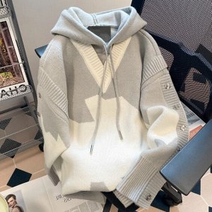 Контрастный цветной вязаный двухсекционный свитер с капюшоном, серо-белый