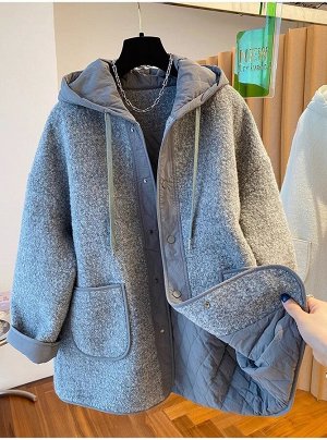Пальто средней длины с капюшоном, карманами, серый