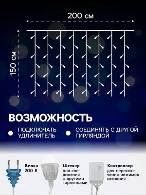 Гирлянда «Занавес» 2x1.5 м с насадками «Шарики», IP20, прозрачная нить, 360 LED, свечение синее, 8 режимов, 220 В