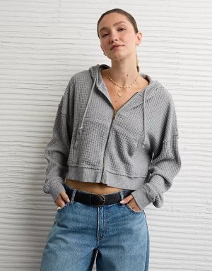 AE Cropped Waffle Zip-Up Hoodie