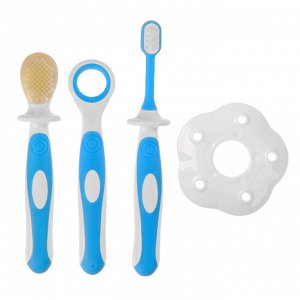 Зубная щётка детская, набор 3 шт. с ограничителем: силиконовая, с мягкой щетиной, для языка, от 3 мес., цвет голубой