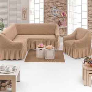 Чехол для мягкой мебели DO&CO, диван угловой 2-х предметный, кресло 1шт, песочный, п/э
