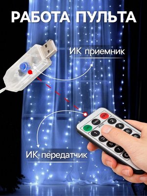 Гирлянда «Занавес» 2.8 x 3 м роса на крючках, с пультом, IP20, серебристая нить, 300 LED, свечение белое, 8 режимов, USB