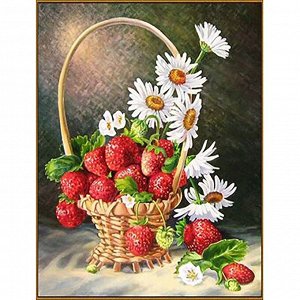 Алмазная мозаика "Корзинка с ромашками и клубникой", 20*26см, 27 цветов