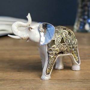 Сувенир полистоун световой "Жемчужный слон в цветочной золотой попоне" 12х14х6 см