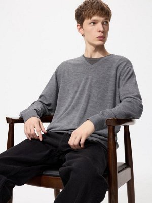 UNIQLO - мягкий свитер из шерсти мериноса с V-образным вырезом - 05 GRAY