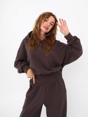 Худи укороченное женское с эффектом велюра, шоколад