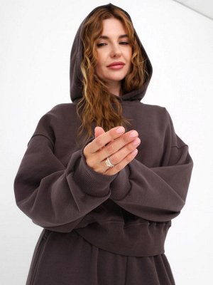 Худи укороченное женское с эффектом велюра, шоколад