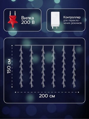 Гирлянда «Водопад» 2x1.5 м, IP20, прозрачная нить, 400 LED, свечение белое/синее, 8 режимов, 220 В