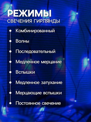 Гирлянда «Сеть» 2x2 м, IP20, тёмная нить, 224 LED, 8 режимов, 220 В, свечение синее