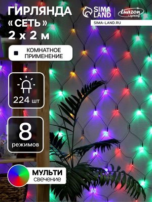 Гирлянда «Сеть» 2x2 м, IP20, тёмная нить, 224 LED, 8 режимов, 220 В, свечение мульти