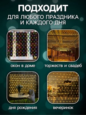 Гирлянда «Сеть» 2x2 м, IP20, тёмная нить, 224 LED, 8 режимов, 220 В, свечение мульти