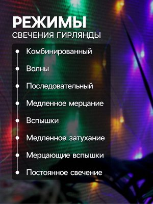 Гирлянда «Сеть» 1.6x1.6 м, IP20, прозрачная нить, 144 LED, 8 режимов, 220 В, свечение мульти.