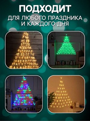 Гирлянда «Сеть-ёлка» 1x1 м, IP20, тёмная нить, 90 LED, свечение мульти, 8 режимов, 220 В