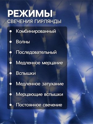 Гирлянда «Сеть-ёлка» 2x2 м, IP20, тёмная нить, 152 LED, свечение белое, 8 режимов, 220 В