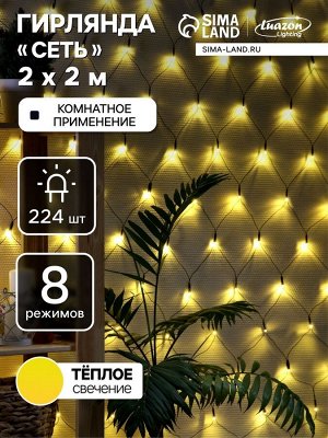 Гирлянда «Сеть» 2x2 м, IP20, тёмная нить, 224 LED, свечение тёплое белое, 8 режимов, 220 В